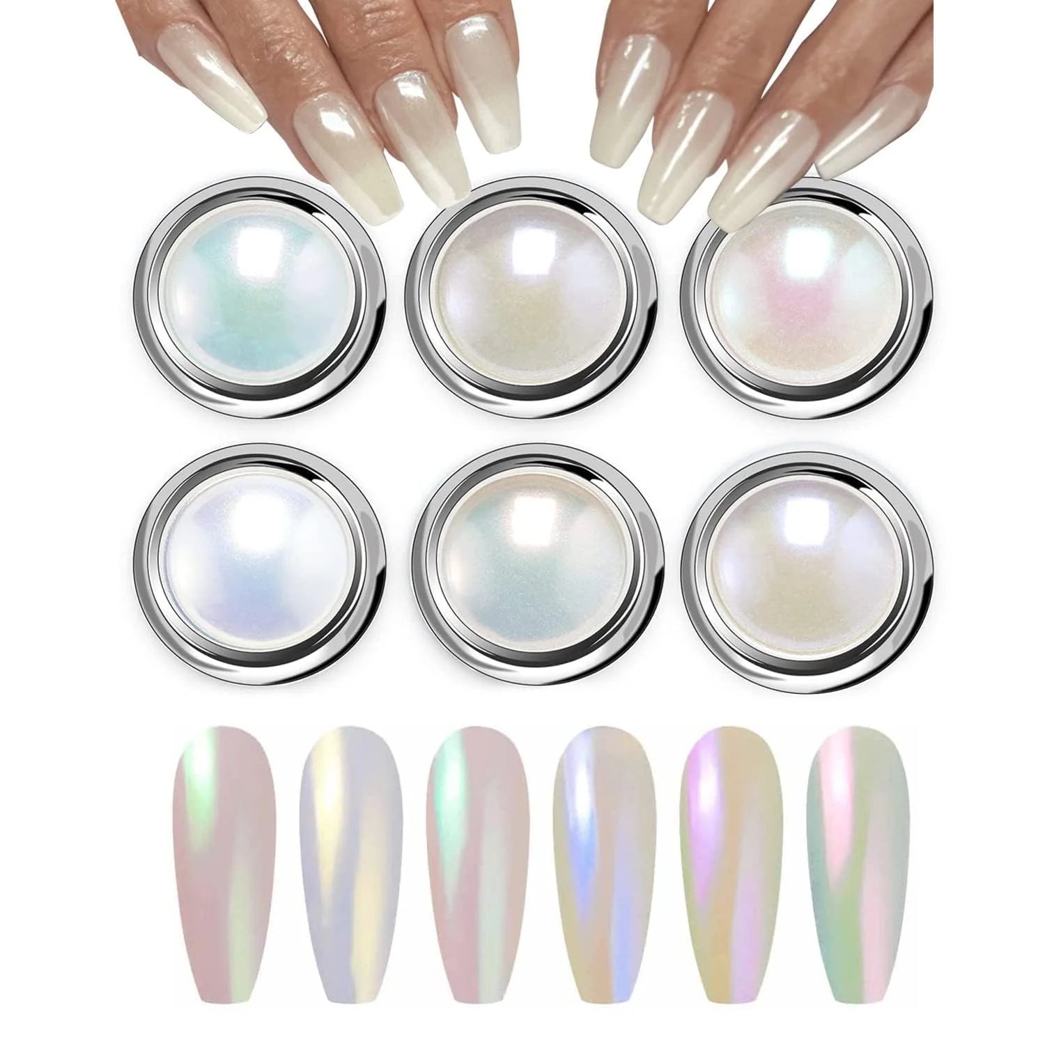 DX NAILART Unicorn Chrome Mirror Pearl Powder Set – 6 Colors Iridescent Nail Art Pigment