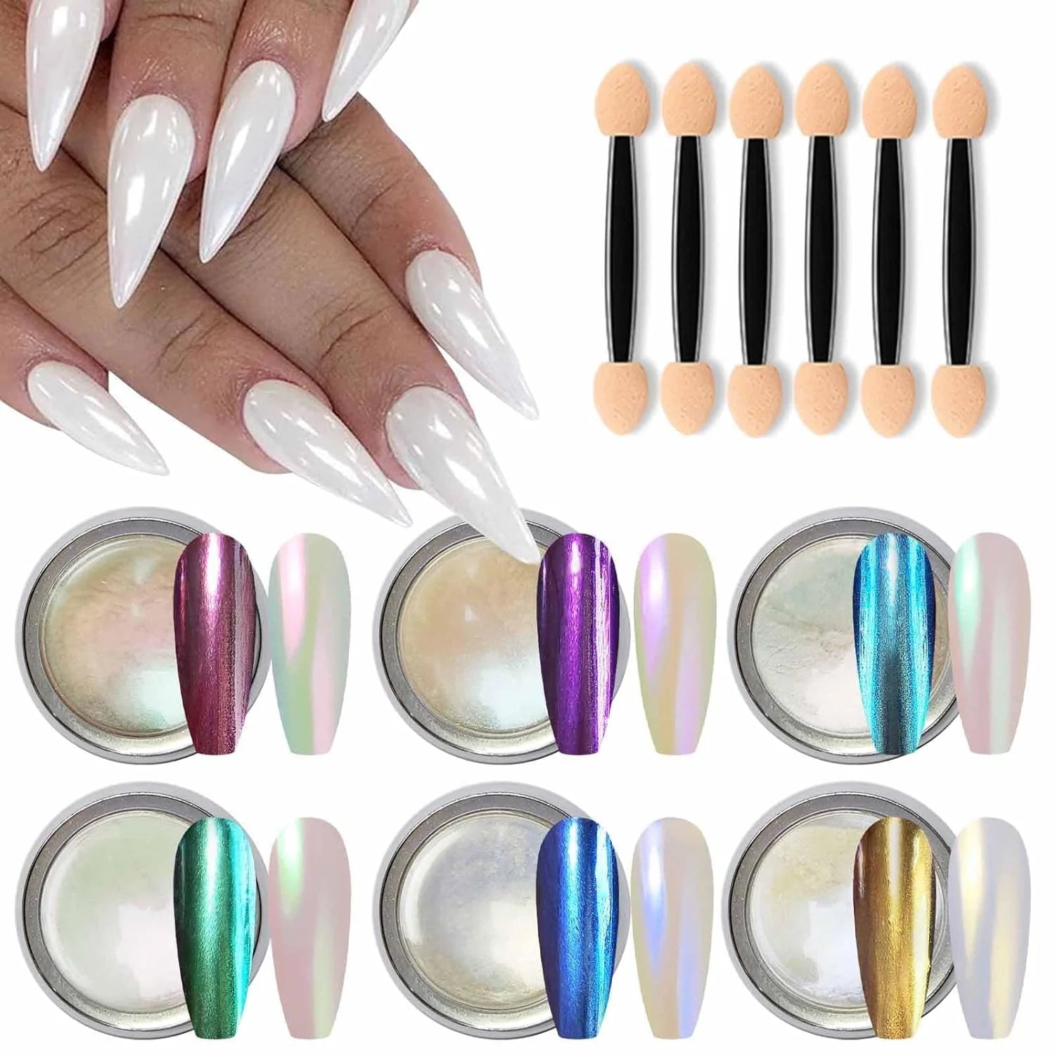 DX NAILART Unicorn Chrome Mirror Pearl Powder Set – 6 Colors Iridescent Nail Art Pigment